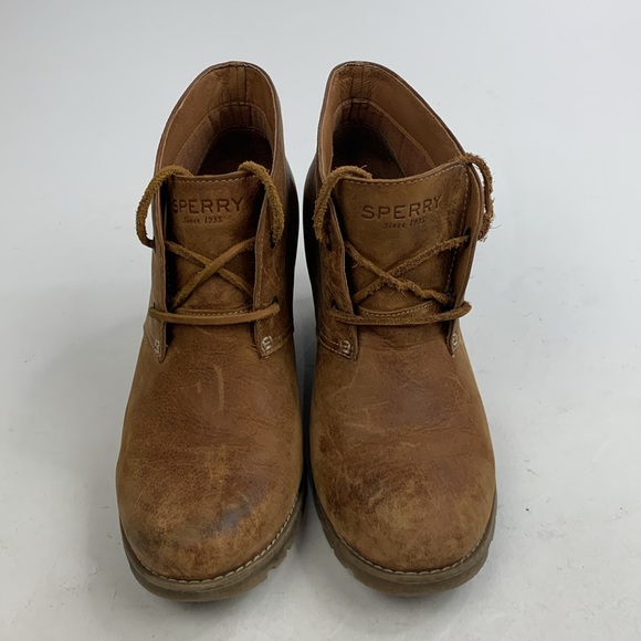Sperry Wedge Heel leather Booties Boots Size 8.5 Light Brown Leather laces - Picture 2 of 14